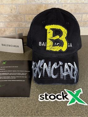 Balenciaga Black Cap with Yellow 'B' Patch and White Graffiti